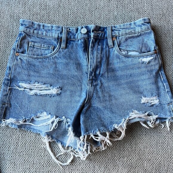 BLANKNYC The Barrow Rigid High Rise Distressed Denim Shorts Size 28 Cutoff Fraye - Picture 2 of 7